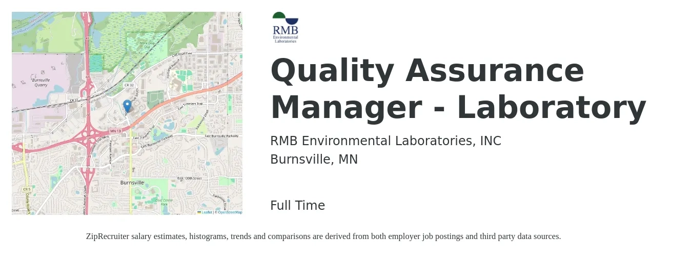 RMB Environmental Laboratories, INC job posting for a Quality Assurance Manager - Laboratory in Burnsville, MN with a salary of $85,500 to $148,800 Yearly with a map of Burnsville location.