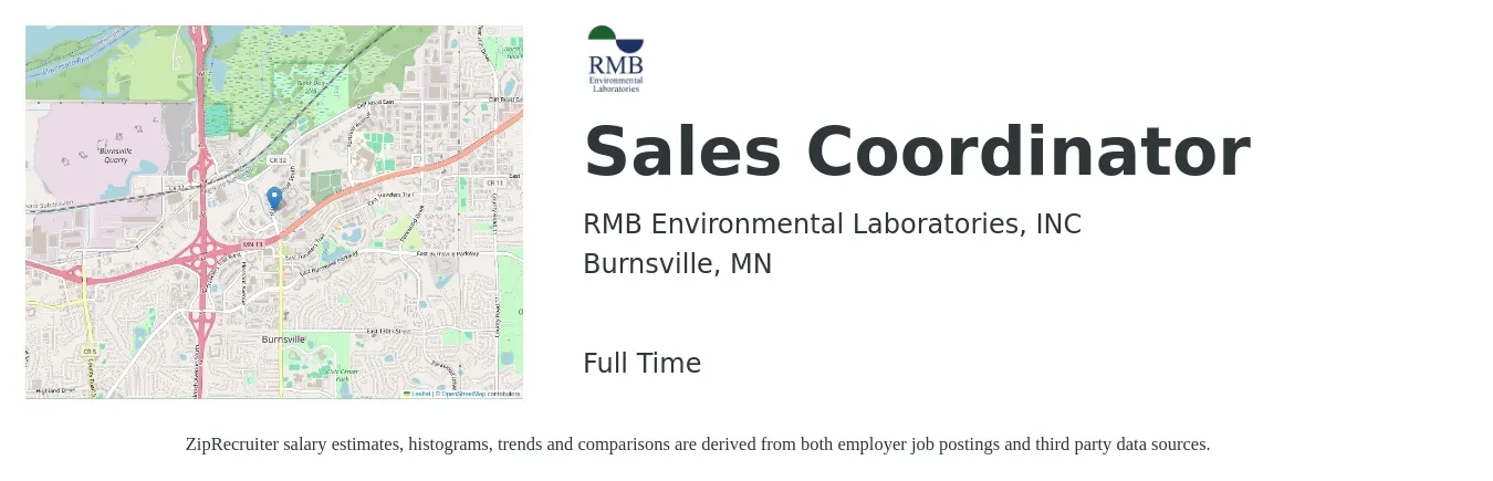 RMB Environmental Laboratories, INC job posting for a Sales Coordinator in Burnsville, MN with a salary of $19 to $26 Hourly with a map of Burnsville location.