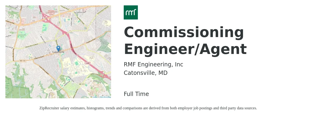 RMF Engineering, Inc. job posting for a Commissioning Engineer/Agent in Catonsville, MD with a salary of $71,900 to $106,000 Yearly with a map of Catonsville location.