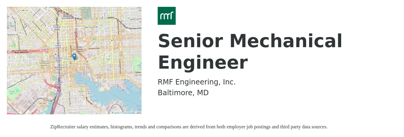 RMF Engineering, Inc. job posting for a Senior Mechanical Engineer in Baltimore, MD with a salary of $103,800 to $137,100 Yearly with a map of Baltimore location.