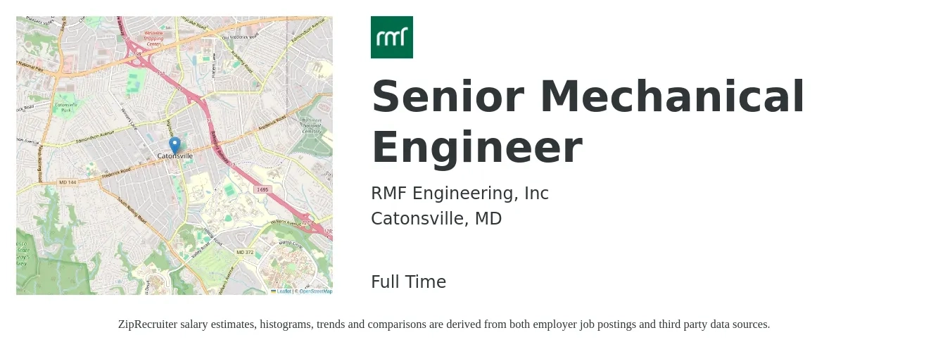 RMF Engineering, Inc. job posting for a Senior Mechanical Engineer in Catonsville, MD with a salary of $98,900 to $130,600 Yearly with a map of Catonsville location.
