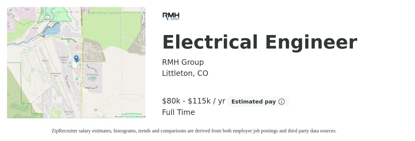 RMH Group job posting for a Electrical Engineer in Littleton, CO with a salary of $80,000 to $115,000 Yearly with a map of Littleton location.