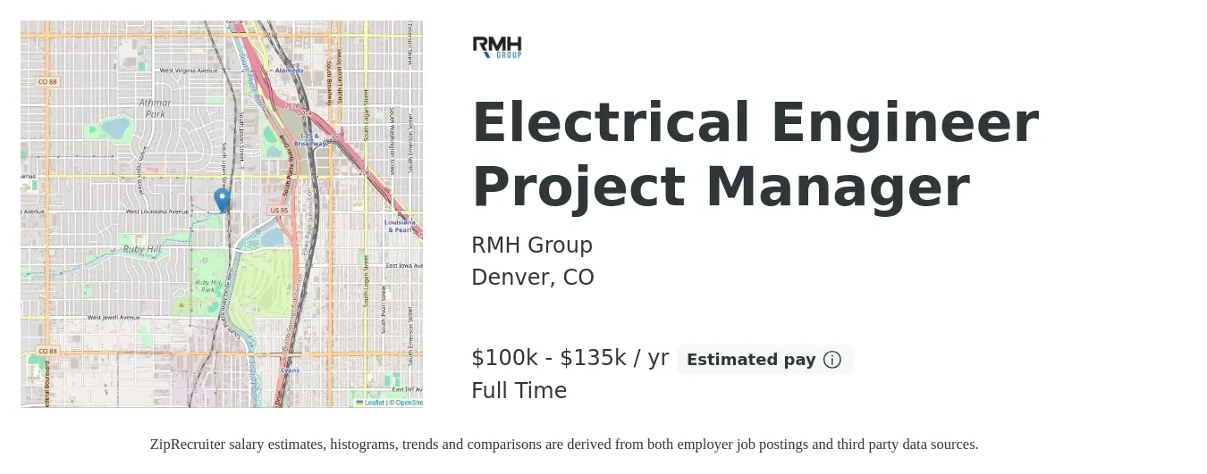 RMH Group job posting for a Electrical Engineer Project Manager in Denver, CO with a salary of $100,000 to $135,000 Yearly with a map of Denver location.