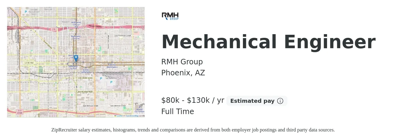 RMH Group job posting for a Mechanical Engineer in Phoenix, AZ with a salary of $80,000 to $130,000 Yearly with a map of Phoenix location.