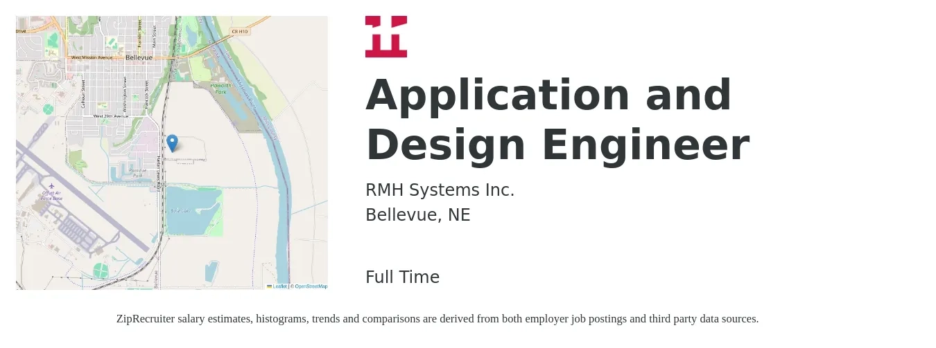 RMH Systems Inc. job posting for a Application and Design Engineer in Bellevue, NE with a salary of $79,600 to $127,900 Yearly with a map of Bellevue location.