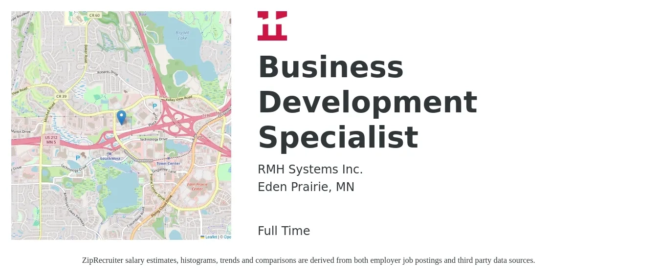 RMH Systems Inc. job posting for a Business Development Specialist in Eden Prairie, MN with a salary of $47,900 to $80,000 Yearly with a map of Eden Prairie location.