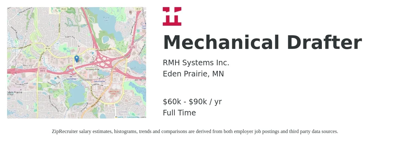 RMH Systems Inc. job posting for a Mechanical Drafter in Eden Prairie, MN with a salary of $60,000 to $90,000 Yearly with a map of Eden Prairie location.