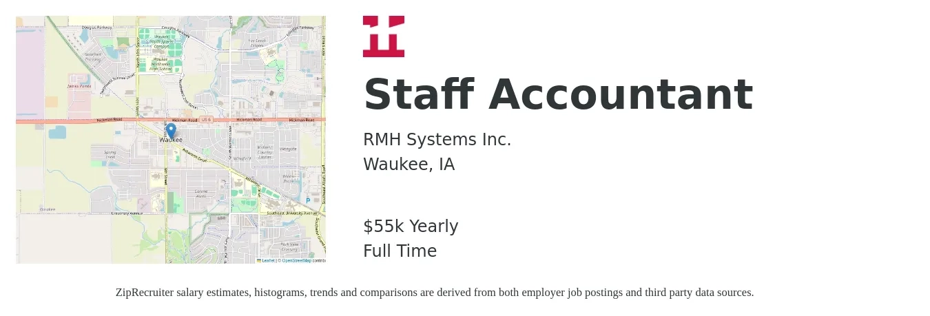 RMH Systems Inc. job posting for a Staff Accountant in Waukee, IA with a salary of $55,000 Yearly with a map of Waukee location.