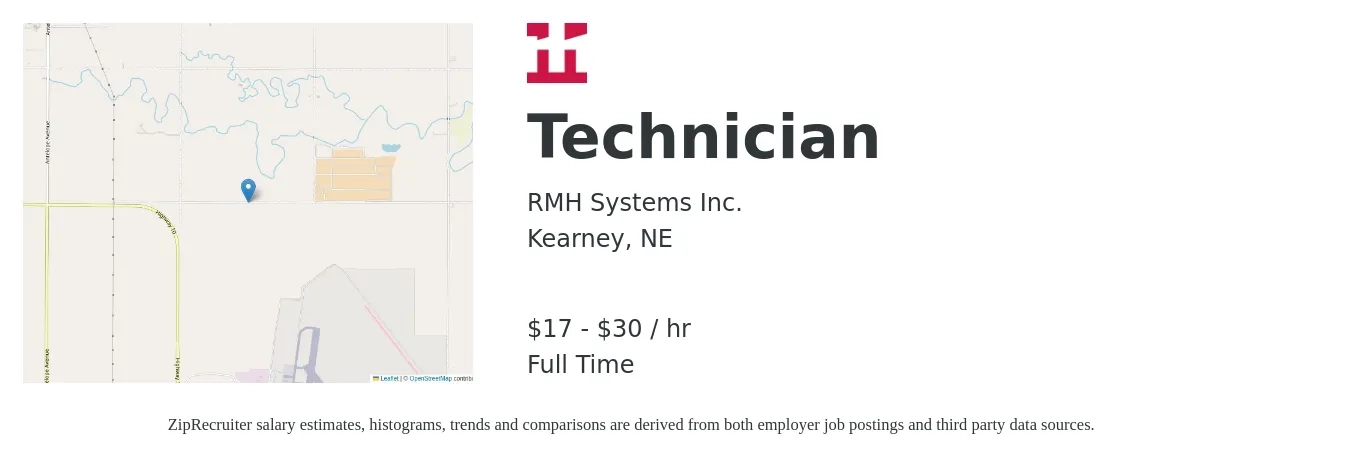 RMH Systems Inc. job posting for a Technician in Kearney, NE with a salary of $18 to $32 Hourly with a map of Kearney location.