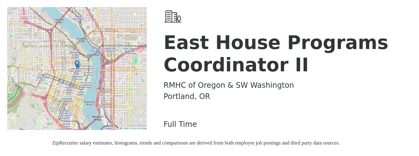 RMHC of Oregon & SW Washington job posting for a East House Programs Coordinator II in Portland, OR with a salary of $21 to $26 Hourly with a map of Portland location.