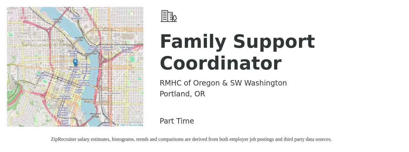 RMHC of Oregon & SW Washington job posting for a Family Support Coordinator in Portland, OR with a salary of $24 to $32 Hourly with a map of Portland location.