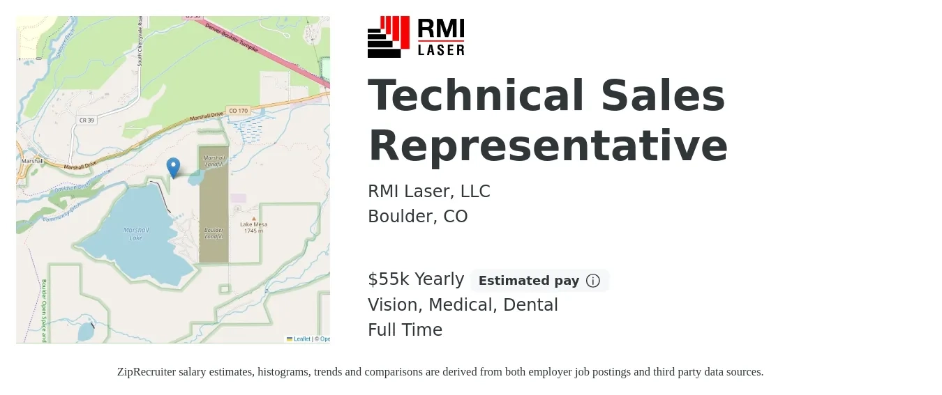 RMI Laser, LLC job posting for a Technical Sales Representative in Boulder, CO with a salary of $55,000 Yearly (plus commission) and benefits including medical, pto, retirement, vision, dental, and life_insurance with a map of Boulder location.