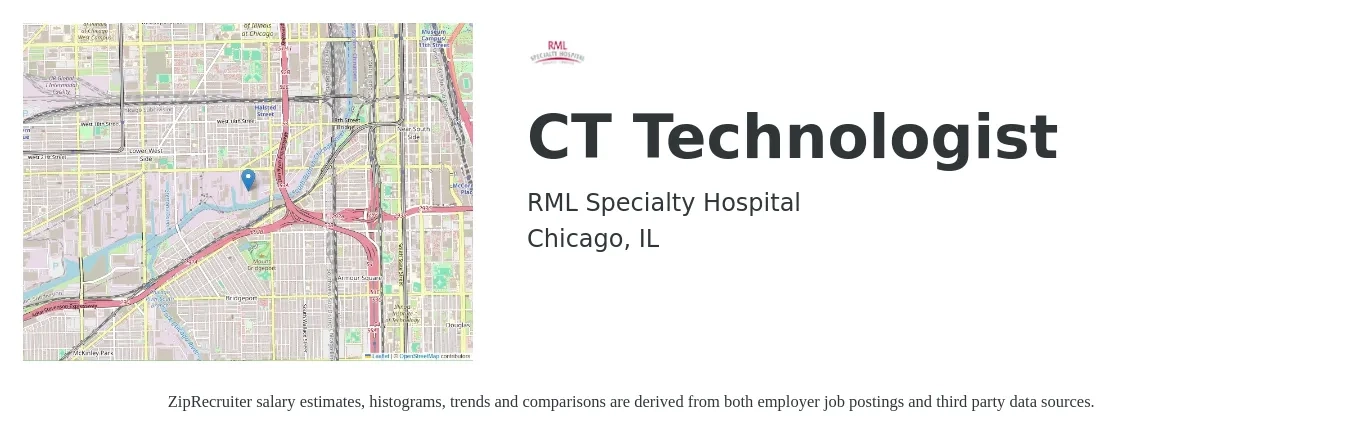 RML Specialty Hospital job posting for a CT Technologist in Chicago, IL with a salary of $2,050 to $2,880 Weekly with a map of Chicago location.