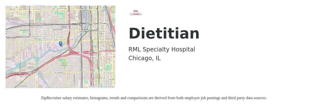 RML Specialty Hospital job posting for a Dietitian in Chicago, IL with a salary of $62,400 to $91,200 Yearly with a map of Chicago location.