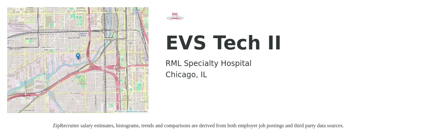 RML Specialty Hospital job posting for a EVS Tech II in Chicago, IL with a salary of $16 to $20 Hourly with a map of Chicago location.