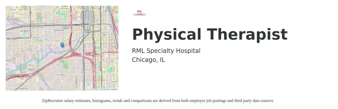 RML Specialty Hospital job posting for a Physical Therapist in Chicago, IL with a salary of $1,710 to $2,220 Weekly with a map of Chicago location.