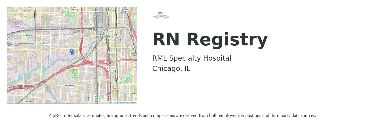 RML Specialty Hospital job posting for a RN Registry in Chicago, IL with a salary of $36 to $56 Hourly with a map of Chicago location.