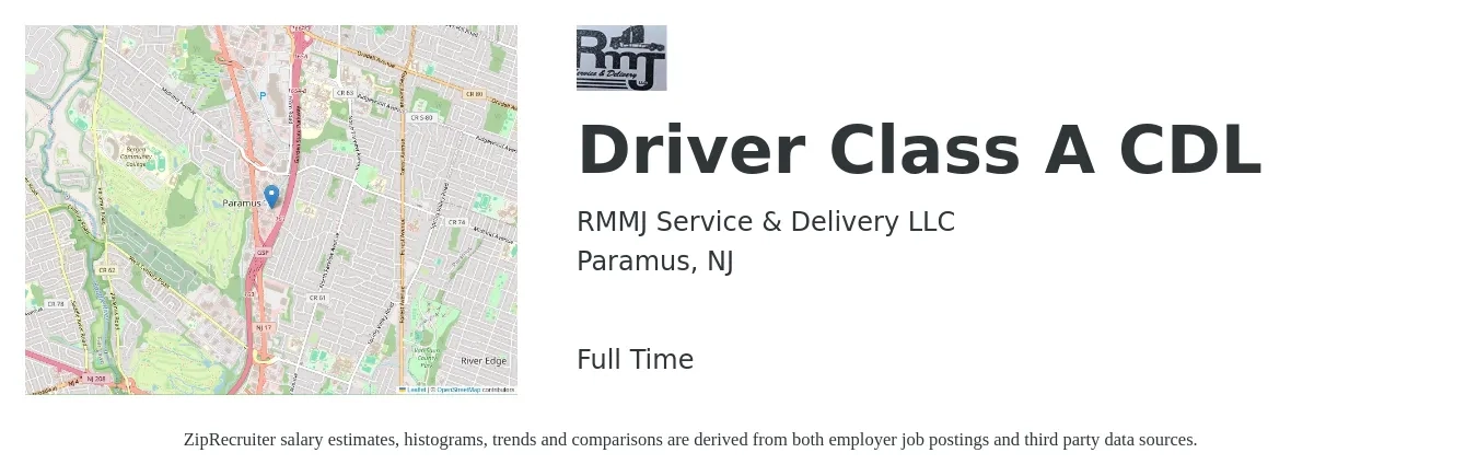 RMMJ Service & Delivery LLC job posting for a Driver Class A CDL in Paramus, NJ with a salary of $1,500 to $2,500 Weekly with a map of Paramus location.