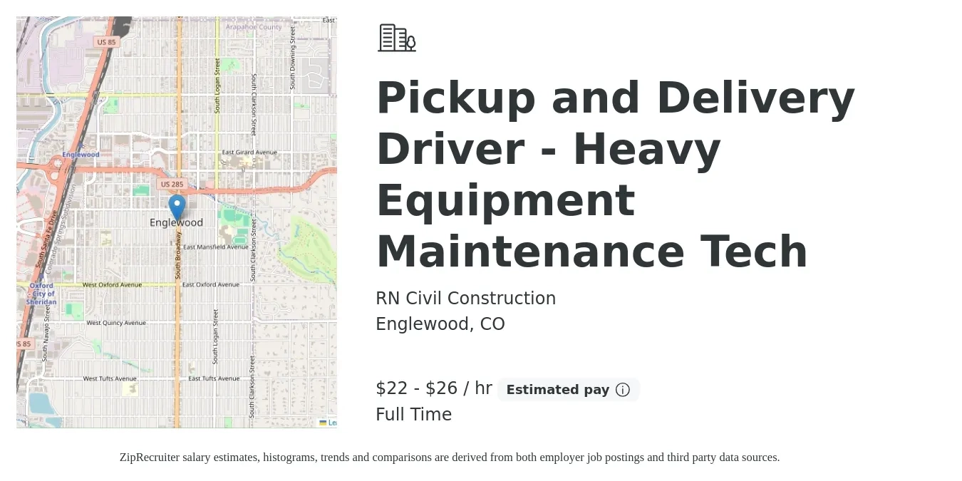 RN Civil Construction job posting for a Pickup and Delivery Driver - Heavy Equipment Maintenance Tech in Englewood, CO with a salary of $23 to $28 Hourly with a map of Englewood location.