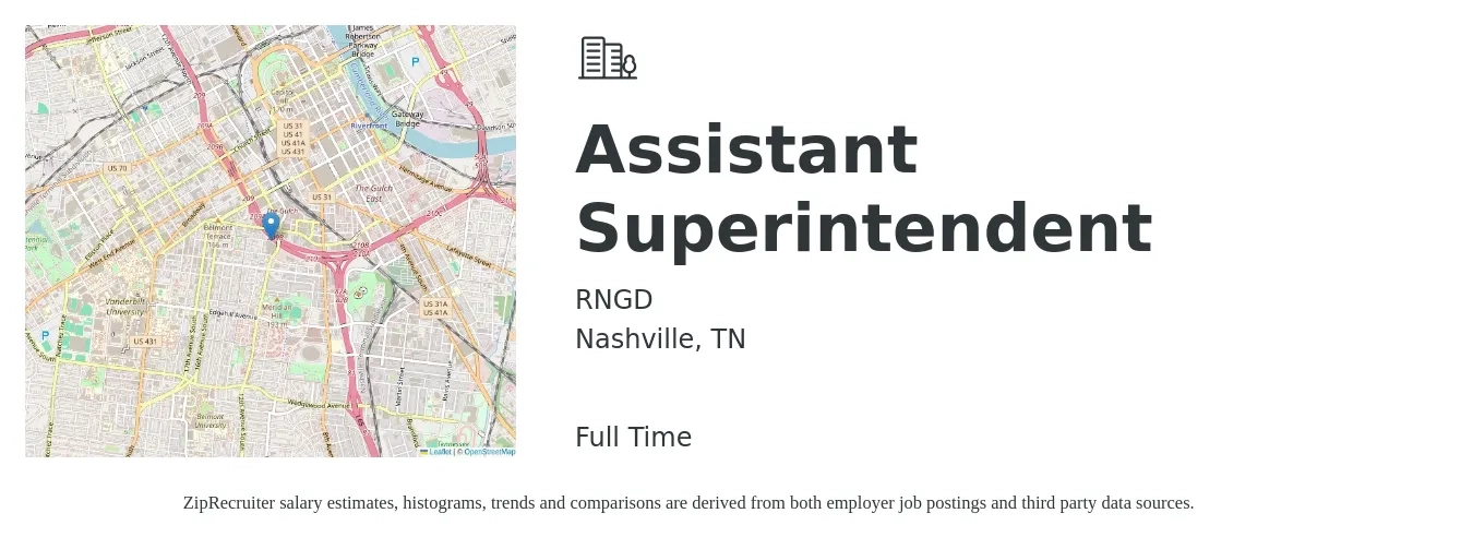 RNGD job posting for a Assistant Superintendent in Nashville, TN with a salary of $34,100 to $69,700 Yearly with a map of Nashville location.
