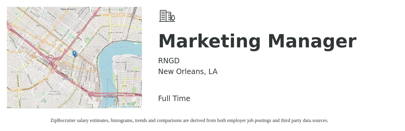 RNGD job posting for a Marketing Manager in New Orleans, LA with a salary of $57,000 to $93,100 Yearly with a map of New Orleans location.