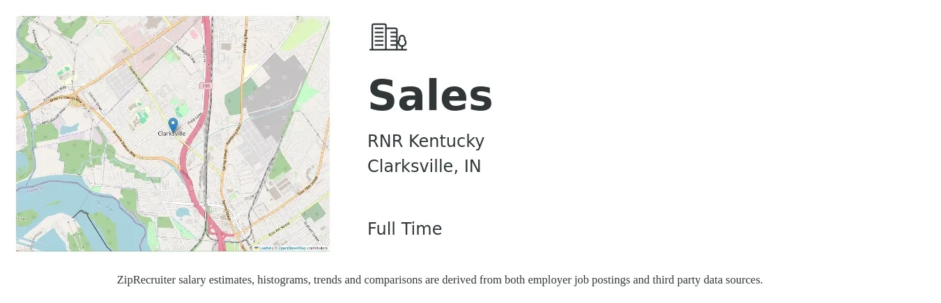 RNR Kentucky job posting for a Sales in Clarksville, IN with a salary of $48,200 to $83,800 Yearly with a map of Clarksville location.