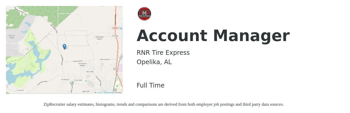 RNR Tire Express job posting for a Account Manager in Opelika, AL with a salary of $41,400 to $67,700 Yearly with a map of Opelika location.