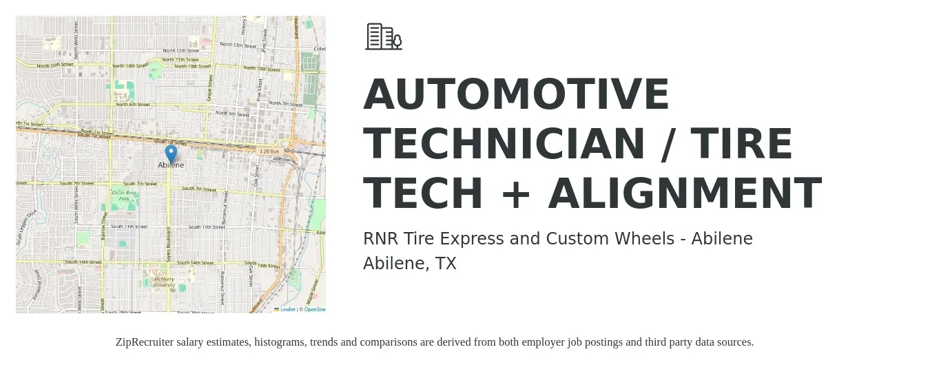 RNR Tire Express and Custom Wheels - Abilene job posting for a AUTOMOTIVE TECHNICIAN / TIRE TECH + ALIGNMENT in Abilene, TX with a salary of $21 to $34 Hourly with a map of Abilene location.