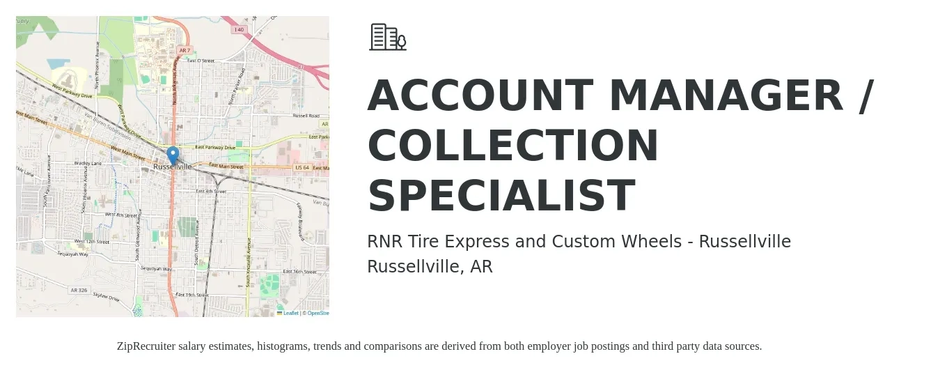RNR Tire Express and Custom Wheels - Russellville job posting for a ACCOUNT MANAGER / COLLECTION SPECIALIST in Russellville, AR with a salary of $32,400 to $52,900 Yearly with a map of Russellville location.