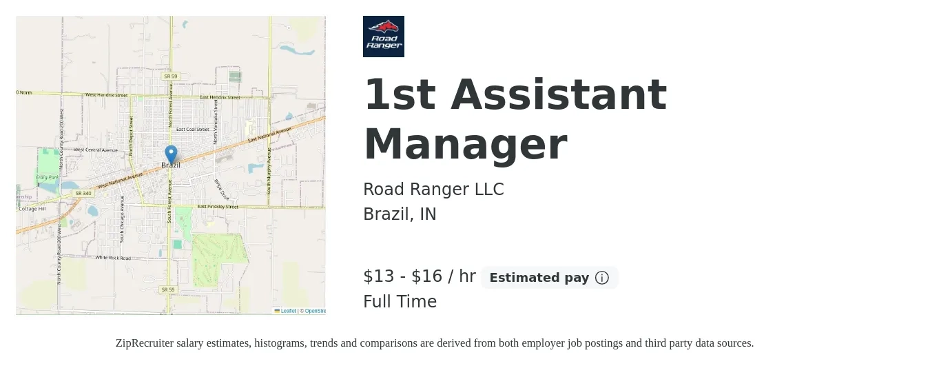 Road Ranger LLC job posting for a 1st Assistant Manager in Brazil, IN with a salary of $14 to $17 Hourly with a map of Brazil location.