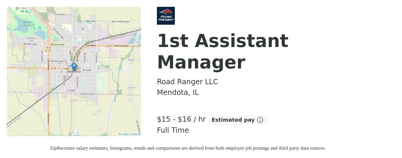 Road Ranger LLC job posting for a 1st Assistant Manager in Mendota, IL with a salary of $16 to $17 Hourly with a map of Mendota location.