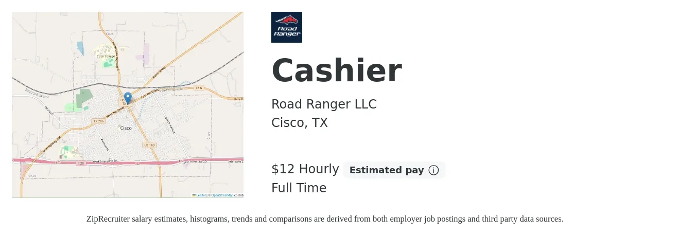 Road Ranger LLC job posting for a Cashier in Cisco, TX with a salary of $13 Hourly with a map of Cisco location.