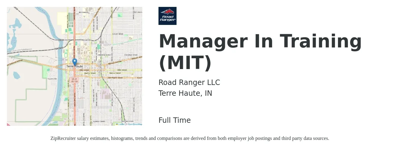 Road Ranger LLC job posting for a Manager In Training (MIT) in Terre Haute, IN with a salary of $16 to $21 Hourly with a map of Terre Haute location.