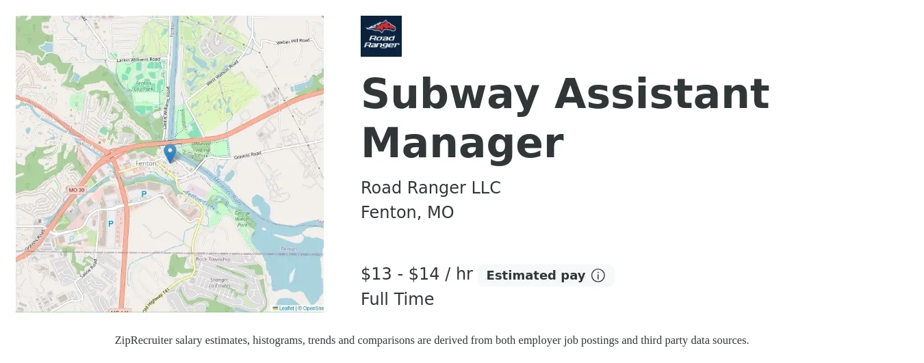 Road Ranger LLC job posting for a Subway Assistant Manager in Fenton, MO with a salary of $14 to $16 Hourly with a map of Fenton location.