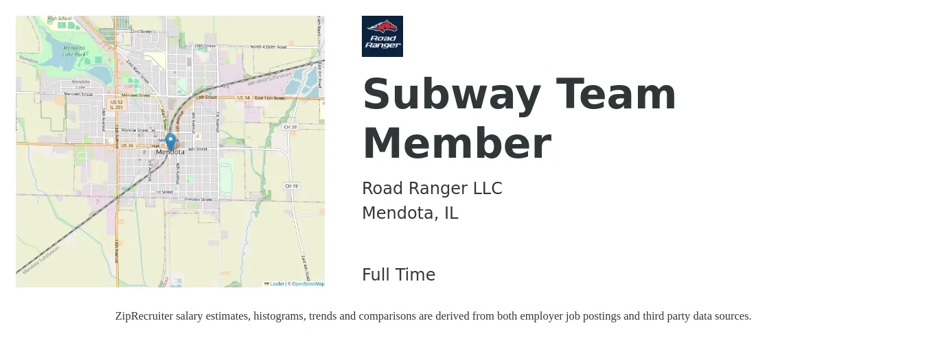 Road Ranger LLC job posting for a Subway Team Member in Mendota, IL with a salary of $14 Hourly with a map of Mendota location.