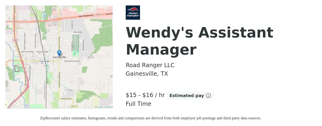 Road Ranger LLC job posting for a Wendy's Assistant Manager in Gainesville, TX with a salary of $16 to $17 Hourly with a map of Gainesville location.