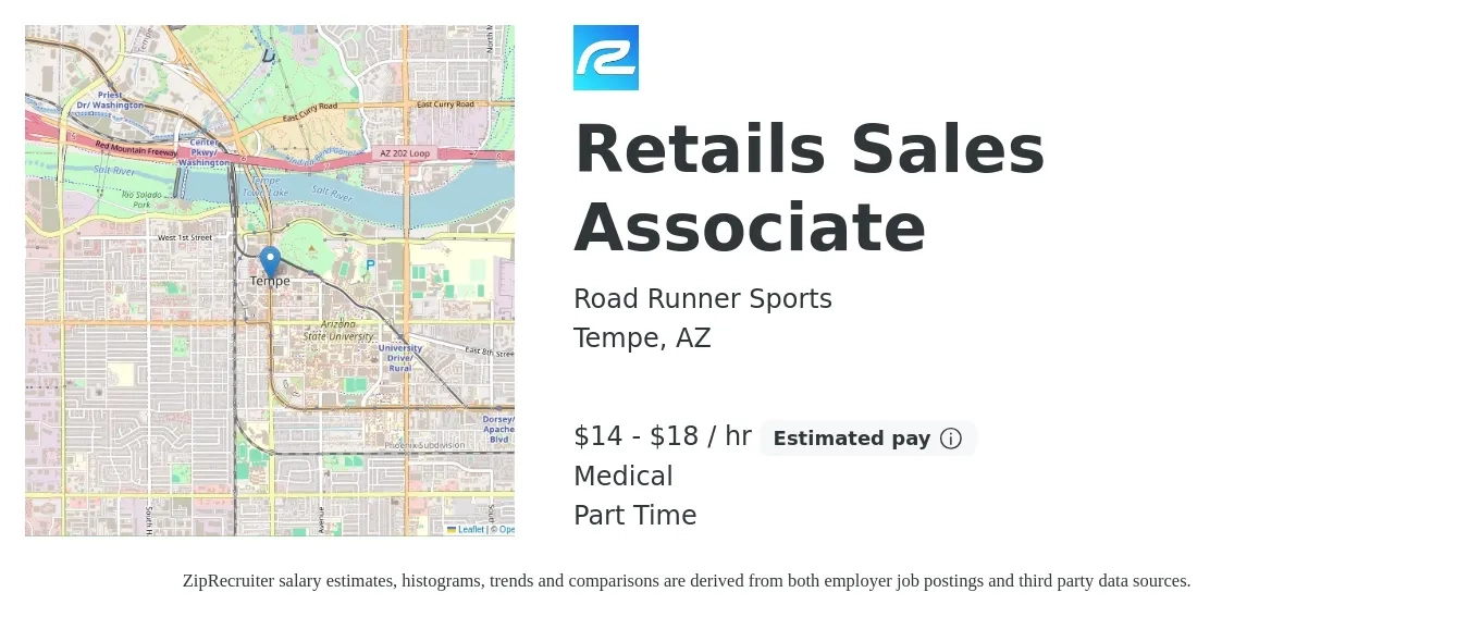 Road Runner Sports job posting for a Retails Sales Associate in Tempe, AZ with a salary of $16 to $20 Hourly and benefits including medical with a map of Tempe location.
