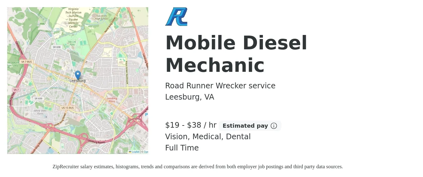 Road Runner Wrecker service job posting for a Mobile Diesel Mechanic in Leesburg, VA with a salary of $20 to $40 Hourly and benefits including dental, life_insurance, medical, retirement, and vision with a map of Leesburg location.