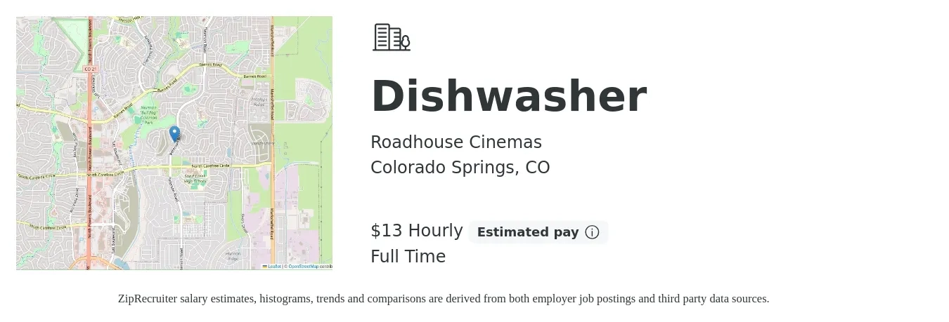 Roadhouse Cinemas job posting for a Dishwasher in Colorado Springs, CO with a salary of $14 to $16 Hourly with a map of Colorado Springs location.
