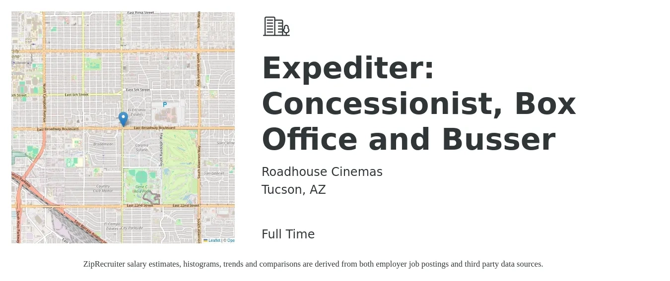 Roadhouse Cinemas job posting for a Expediter: Concessionist, Box Office and Busser in Tucson, AZ with a salary of $12 to $17 Hourly with a map of Tucson location.
