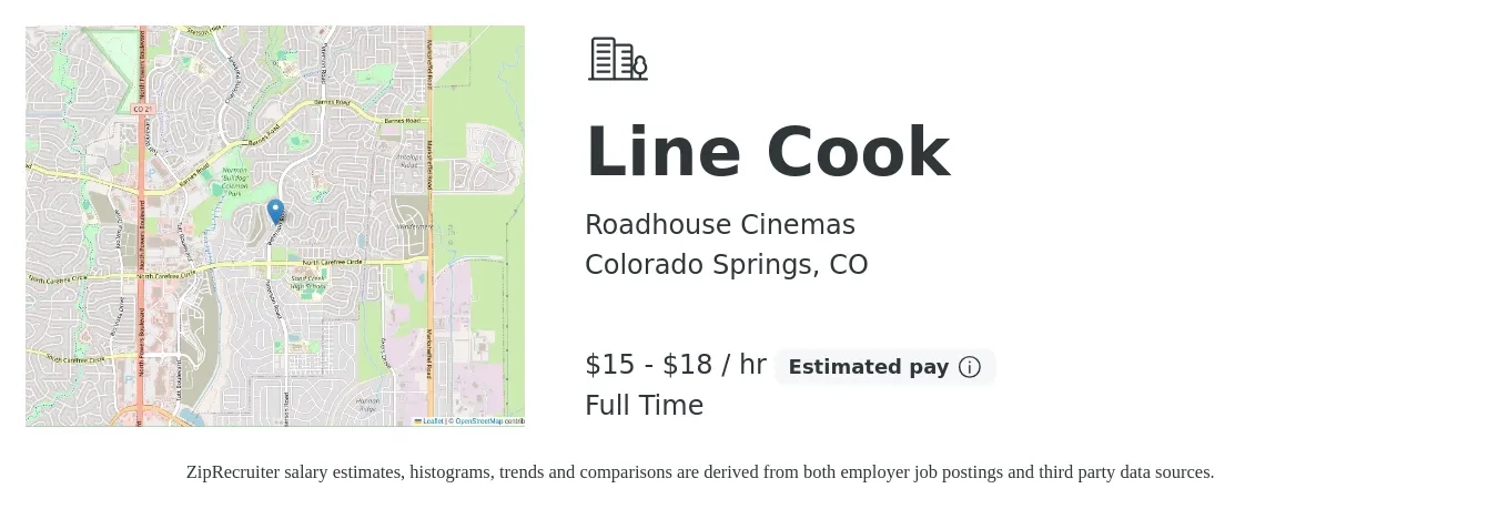 Roadhouse Cinemas job posting for a Line Cook in Colorado Springs, CO with a salary of $16 to $19 Hourly with a map of Colorado Springs location.