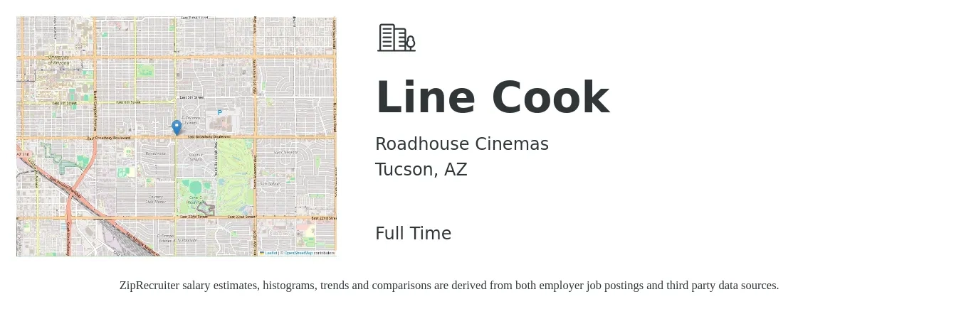 Roadhouse Cinemas job posting for a Line Cook in Tucson, AZ with a salary of $16 to $18 Hourly with a map of Tucson location.