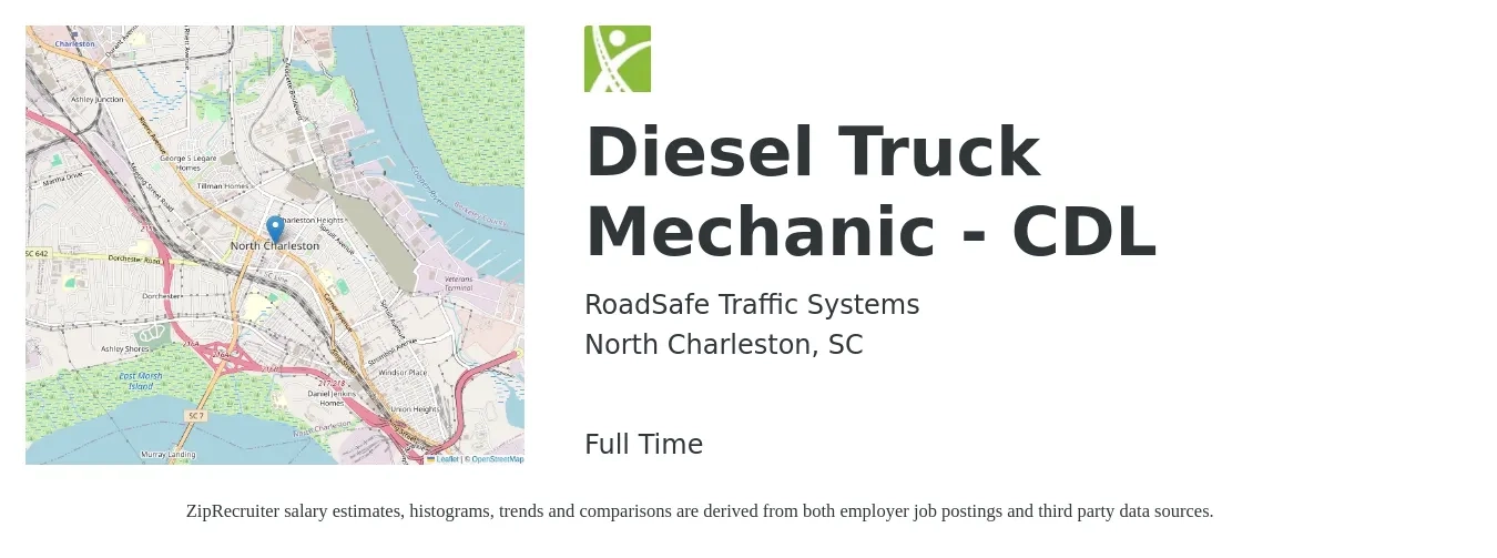 RoadSafe Traffic Systems job posting for a Diesel Truck Mechanic - CDL in North Charleston, SC with a salary of $25 to $28 Hourly with a map of North Charleston location.