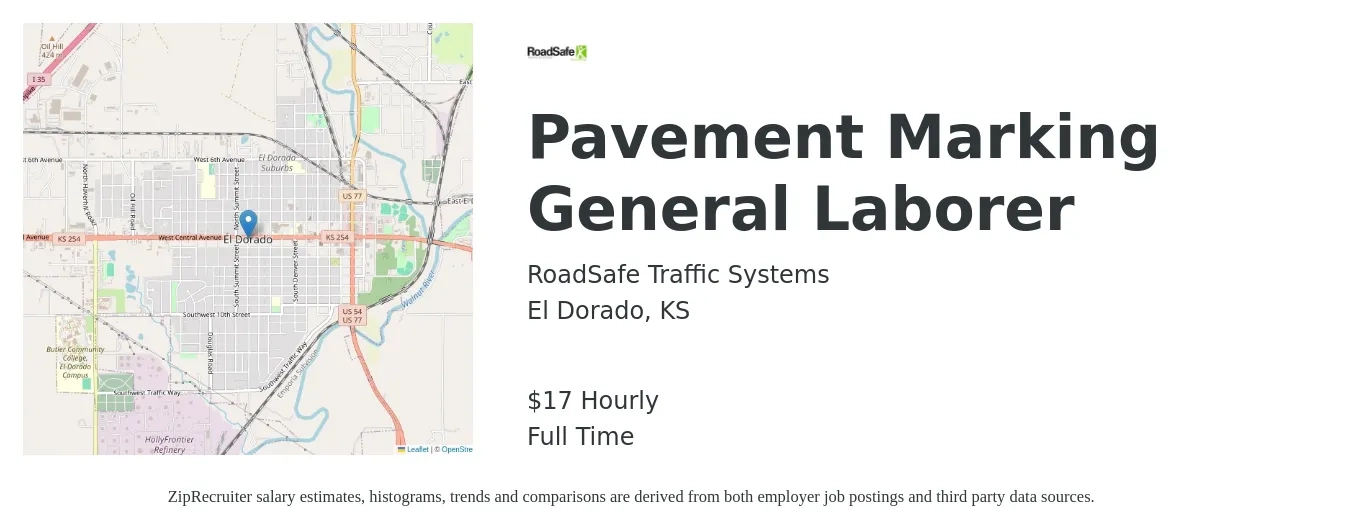 RoadSafe Traffic Systems job posting for a Pavement Marking General Laborer in El Dorado, KS with a salary of $18 Hourly with a map of El Dorado location.