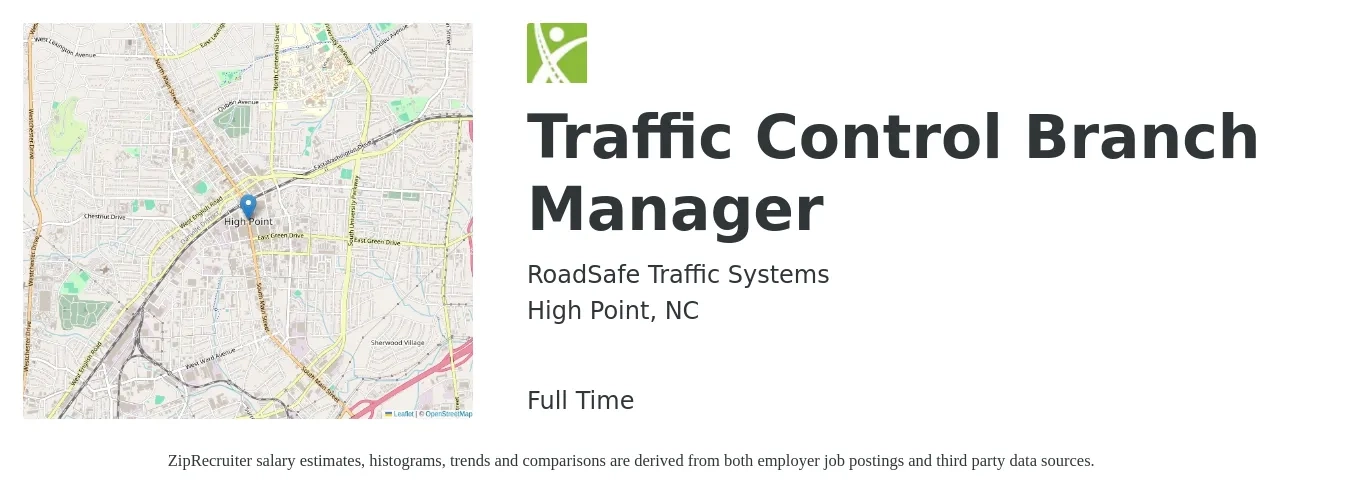 RoadSafe Traffic Systems job posting for a Traffic Control Branch Manager in High Point, NC with a salary of $46,400 to $85,600 Yearly with a map of High Point location.
