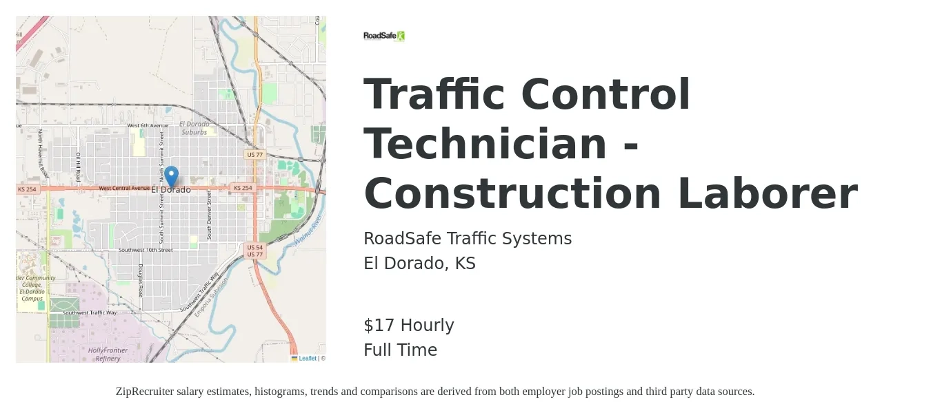 RoadSafe Traffic Systems job posting for a Traffic Control Technician - Construction Laborer in El Dorado, KS with a salary of $18 Hourly with a map of El Dorado location.