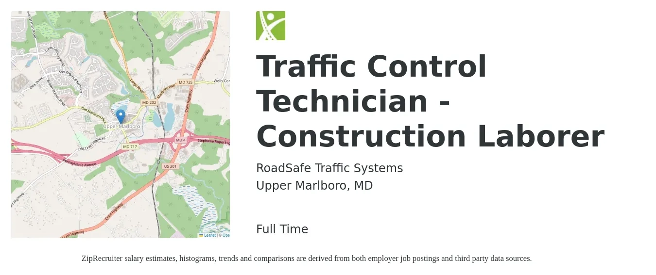 RoadSafe Traffic Systems job posting for a Traffic Control Technician - Construction Laborer in Upper Marlboro, MD with a salary of $17 Hourly with a map of Upper Marlboro location.