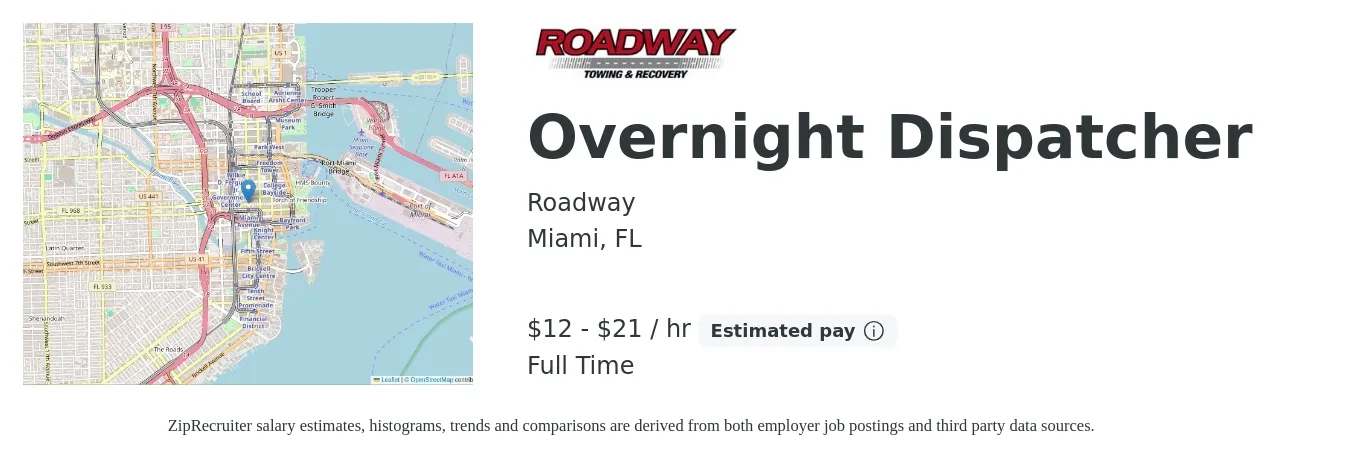 Roadway job posting for a Overnight Dispatcher in Miami, FL with a salary of $13 to $22 Hourly with a map of Miami location.