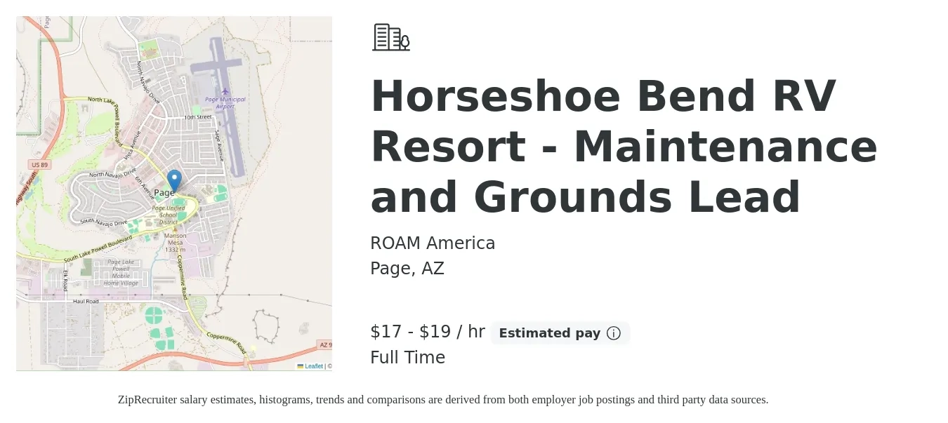 ROAM America job posting for a Horseshoe Bend RV Resort - Maintenance and Grounds Lead in Page, AZ with a salary of $18 to $20 Hourly with a map of Page location.