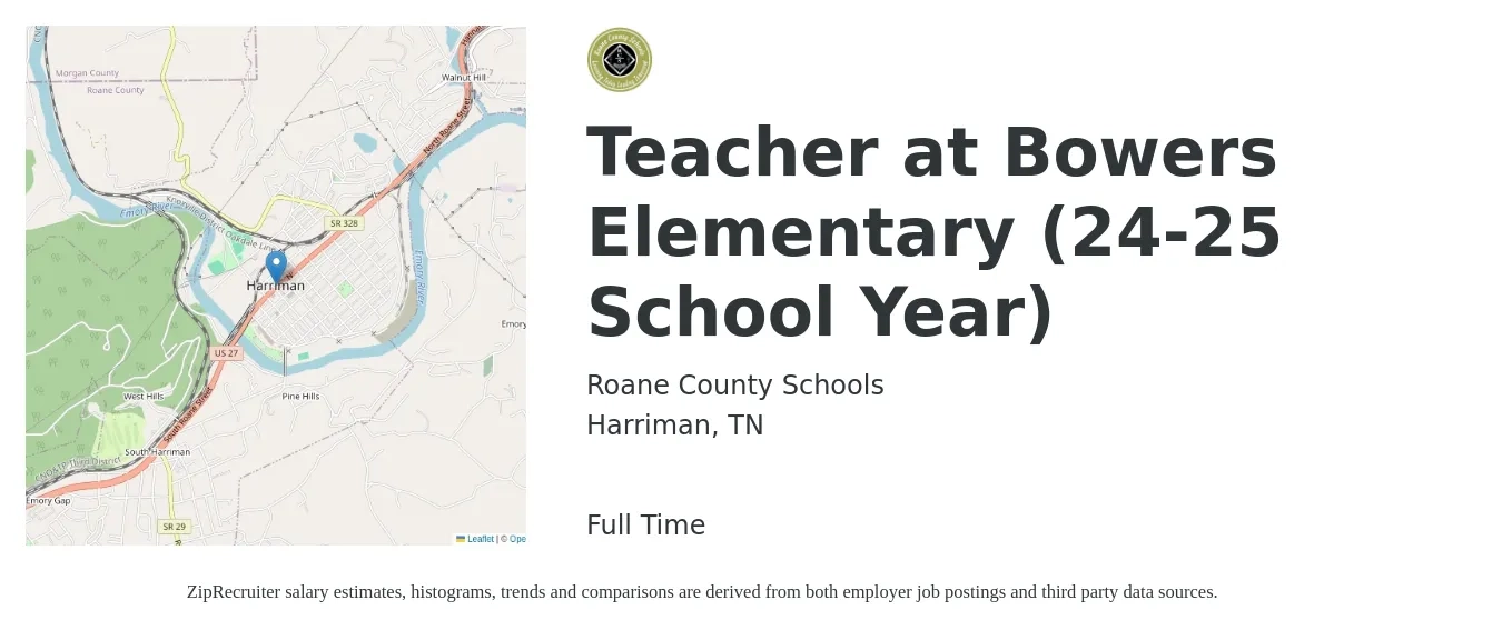 Roane County Schools job posting for a Teacher at Bowers Elementary (24-25 School Year) in Harriman, TN with a salary of $40,000 to $54,000 Yearly with a map of Harriman location.